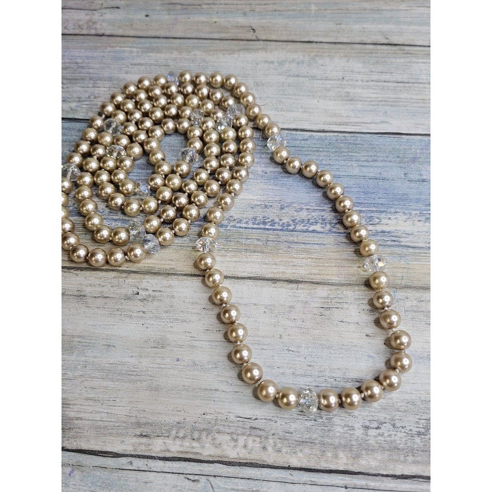 Cream Pearls Faux Beads Glass Clear Crystals knotted Necklace‎ 48" sparkle NWOT